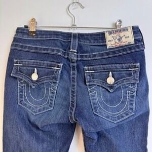 True Religion Joey Flare Y2K Lowrise Jeans Womens 27 Dark Wash Contrast Stitch